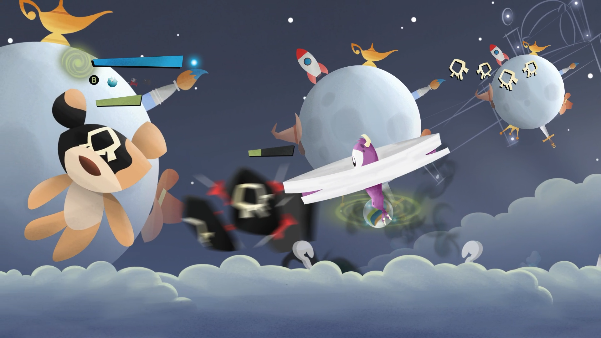 Stormy, the main character in Little Monster, looks up concerned with a portal behind him